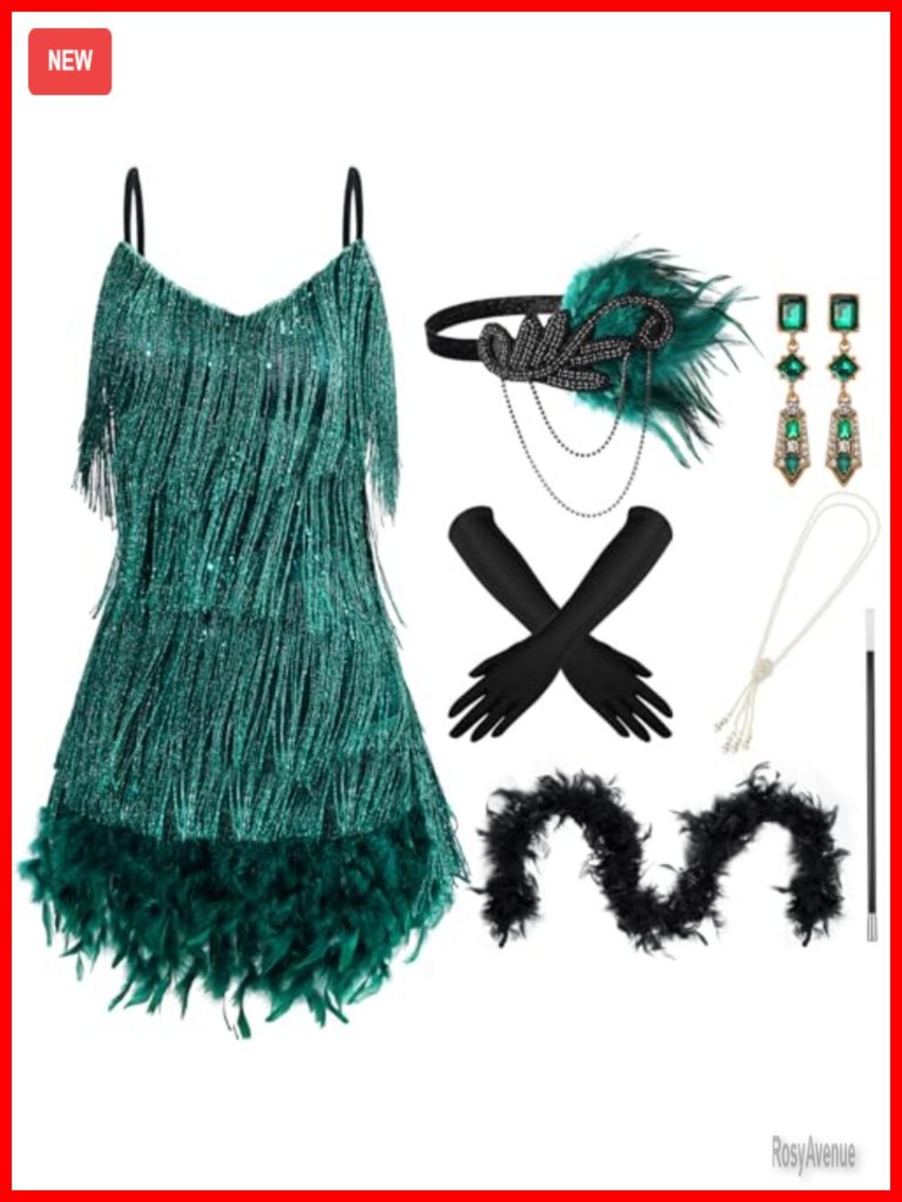 7 Pc 1920s Flapper Costume Set V Neck Dress Sequin Party Accessories